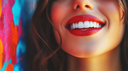 A woman with glossy, plump lips smiling and speaking, captured in a vibrant, colorful environment to highlight the health and attractiveness of her lips.の素材