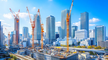 A wide-angle shot of a modern city skyline with iconic tall buildings and cranes, emphasizing ongoing construction and urban development.の素材