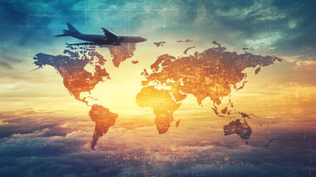 Abstract design Airplane taking off Double exposure world map . Elements of this image furnished by NASAの素材