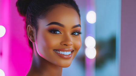 A woman with a professional makeup look, including bold eyeliner and perfectly blended foundation, smiling confidently in front of a mirror with a clean, stylish background.の素材