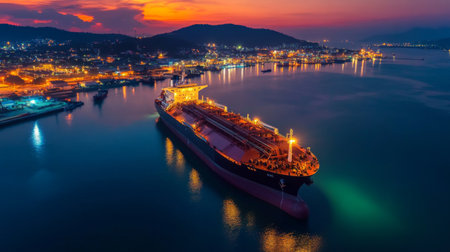 Aerial view of oil tanker ship or oil cargo ship loading in the port at night, Thailand.の素材