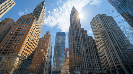 A wide-angle view of a group of tall buildings with diverse architectural styles, highlighting the contrast and harmony of the urban skyline against a sunny backdrop.の素材