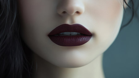 A woman lips with a dramatic, dark lipstick shade, paired with a matching makeup look, set against a sleek, modern background to emphasize the boldness.の素材