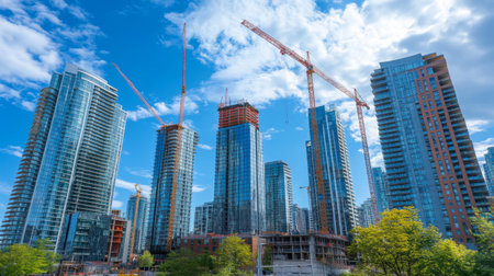A wide-angle shot of a modern city skyline with iconic tall buildings and cranes, emphasizing ongoing construction and urban development.の素材