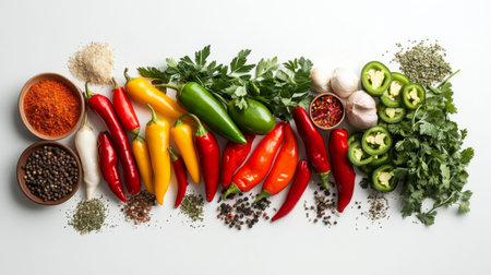 A vibrant display of various chili peppers, including jalap and serranos, along with an assortment of seasonings and herbs, arranged neatly on a white surface.の素材
