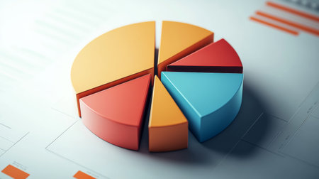 An abstract 3D pie chart with rotating sections, symbolizing dynamic data analysis and business growth, set against a light background.の素材