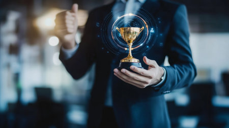 Achievement and business goal success concept, Winner and success of business, Businessman holding icon of digital marketing and cup of leadership trophy success, strategy, planning and target.の素材