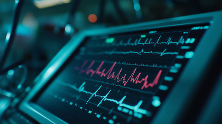 A close-up view of an ECG monitor in use, with a clear depiction of heart rate spikes and troughs on the digital screen.の素材