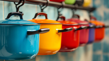 A close-up of a set of colorful enamel-coated pots and pans hanging on a rack, with a focus on their vibrant colors and practical design.の素材