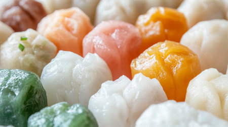 A close-up of traditional Thai sweet treats like Thai steamed buns and sticky rice cakes, with the focus on their textures and colors, set against a pristine white background.の素材