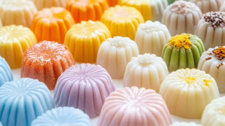 A close-up of traditional Thai sweet treats like Thai steamed buns and sticky rice cakes, with the focus on their textures and colors, set against a pristine white background.の素材