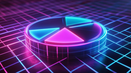 A futuristic 3D pie chart with neon colors, hovering over a grid surface, representing cutting-edge data visualization.の素材