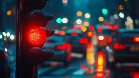 A close-up of a traffic light at an intersection, with the red light glowing brightly, and vehicles waiting in line, capturing a moment of pause in the busy city.の素材