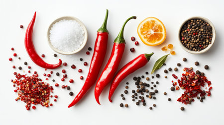 A close-up of vibrant red chili peppers, sliced and whole, alongside various spices and seasonings like peppercorns and salt, arranged on a clean white backgroundの素材