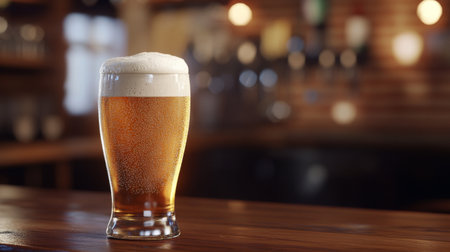 A frosty pint of beer with a foamy top, set on a wooden bar counter with a blurred pub background, capturing the refreshing and inviting nature of a cold drink.の素材