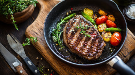 A high-resolution image of a pan with a perfectly cooked steak and vegetables, set on a wooden cutting board with kitchen tools and fresh herbs nearby.の素材
