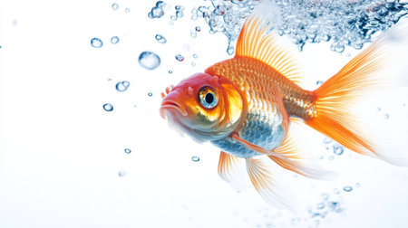 A goldfish caught mid-swim, with bubbles rising around it, against a white background, creating a dynamic and lively underwater scene with minimal distractions.の素材