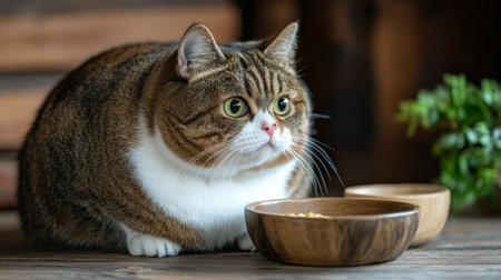 A fat cat sitting by a food bowl, looking up with anticipation, its round belly and expressive eyes creating an endearing image.の素材