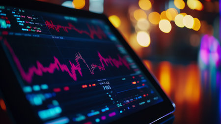 A high-resolution image of a financial graph on a tablet, showing real-time market data and trends with a focus on sharp, clear details.の素材