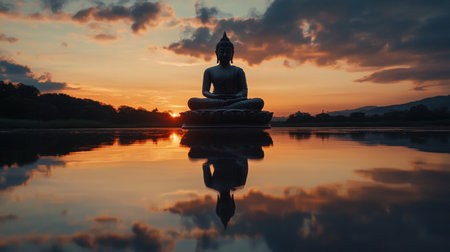 A silhouette of a Buddha statue on a reflective surface, such as water, with the mirrored image creating a sense of tranquility and balance in the composition.の素材
