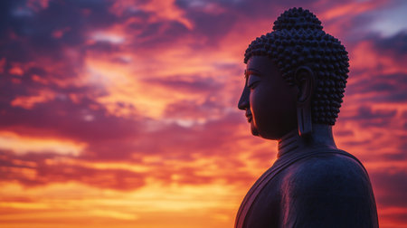 A silhouette of a Buddha statue against a vibrant sunset sky, highlighting the peaceful and serene shape of the statue with warm, glowing colors in the background.の素材