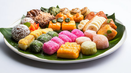 A plate of assorted Thai sweets, including traditional items like Toddy Palm Cake and Banana Fritters, beautifully arranged and photographed against a white backdrop for a clean and appetizing look.の素材