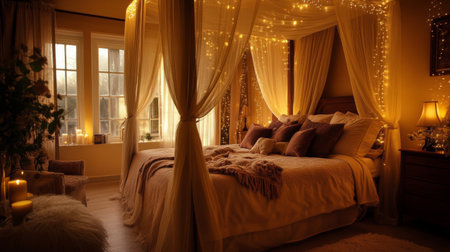 A romantic bedroom with a four-poster bed, luxurious fabrics, and soft, ambient lighting, perfect for a tranquil and intimate setting.の素材