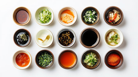 A variety of dipping sauces in small bowls, arranged around a shabu hot pot, all set on a white background to emphasize the colorful presentation.の素材