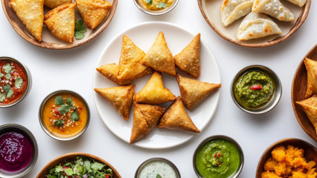 A selection of Indian street food, including samosas and chutneys, beautifully arranged on a white background, emphasizing the flavors and variety.の素材