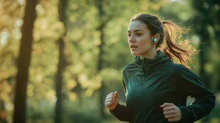 A person jogging in the park wearing wireless earbuds, with a focused expression and a blurred green background, capturing the essence of active lifestyle and music enjoyment.の素材