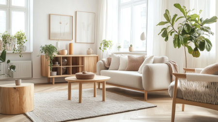 A Scandinavian-style living room with light wood furniture, a cozy rug, and natural light flooding in, creating a bright and airy feel.の素材
