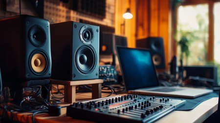 A studio monitor speaker on a desk, with a laptop and audio equipment, capturing the essence of a professional home studio setup.の素材