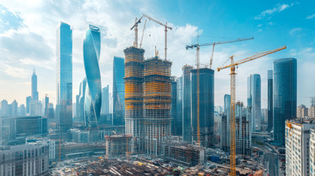 A wide-angle shot of a modern city skyline with iconic tall buildings and cranes, emphasizing ongoing construction and urban development.の素材