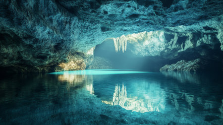 A tranquil underground lake within a cave, reflecting the surrounding rock formations and illuminated by soft, natural light from above.の素材