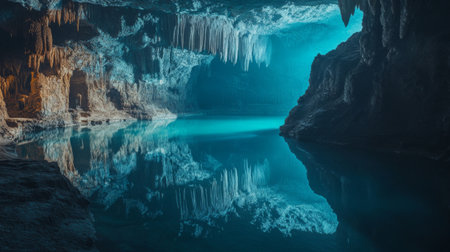 A tranquil underground lake within a cave, reflecting the surrounding rock formations and illuminated by soft, natural light from above.の素材