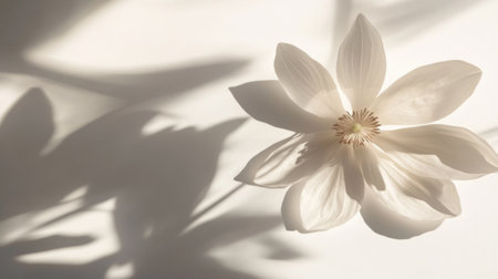 An artistic shadow of a flower with its petals cast on a white surface, creating a delicate and elegant design.の素材