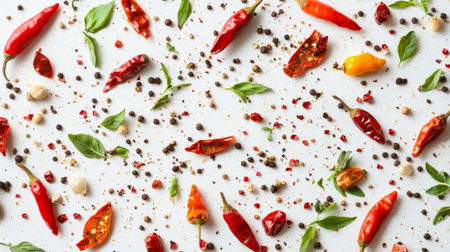 An artistic arrangement of dried chili peppers, scattered spices, and herbs like oregano and cumin, creating a visually appealing pattern on a crisp white surface.の素材