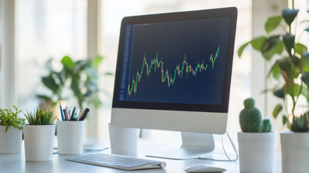 An elegant gold chart with rising trends displayed on a computer monitor in a well-organized workspace, representing successful investment strategies and market growth.の素材