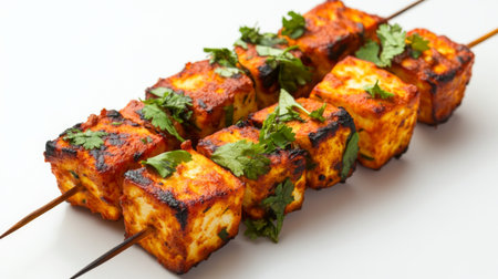 An elegant serving of paneer tikka, garnished with fresh herbs, placed on a pristine white background, with a focus on the grilled textures and spices.の素材