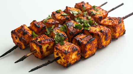 An elegant serving of paneer tikka, garnished with fresh herbs, placed on a pristine white background, with a focus on the grilled textures and spices.の素材