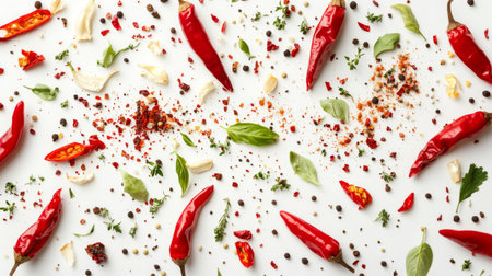 An artistic arrangement of dried chili peppers, scattered spices, and herbs like oregano and cumin, creating a visually appealing pattern on a crisp white surface.の素材