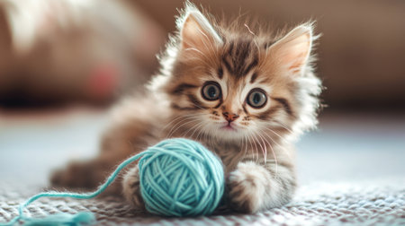 An endearing photo of a kitten playing with a ball of yarn, with its playful antics and wide-eyed curiosity captured in a bright, cheerful settingの素材