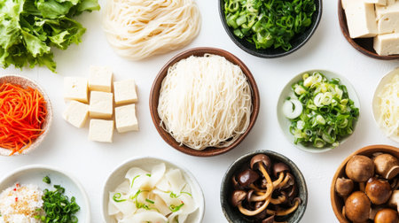 An assortment of shabu ingredients, including tofu, mushrooms, and noodles, displayed on a white background with vibrant colorsの素材
