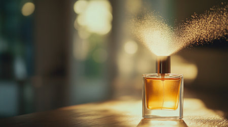 An artistic shot of a perfume bottle being sprayed, with a mist of fragrance visible and a blurred background creating a sense of elegance and luxury.の素材