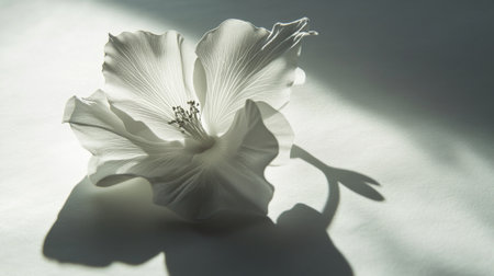 An artistic shadow of a flower with its petals cast on a white surface, creating a delicate and elegant design.の素材