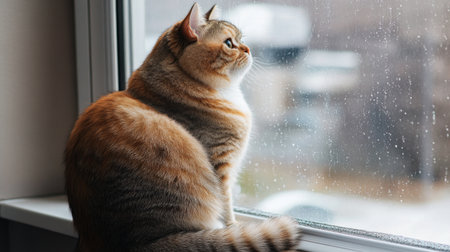An overweight cat sitting on a windowsill, gazing outside with a curious expression, its round body and fluffy tail creating a charming scene.の素材