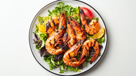 An overhead view of a plate of grilled prawns with a charred exterior and a side of fresh salad, set against a simple white background.の素材