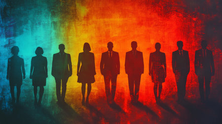 Group of business people outlines with lit background . Mixed mediaの素材