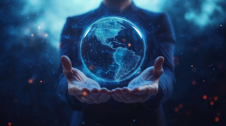 Businessman presenting futuristic business world metaverse graphic. In the form of innovation in digital business processing technology, innovation of the 21st centuryの素材