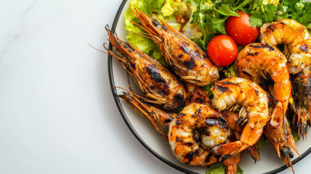 An overhead view of a plate of grilled prawns with a charred exterior and a side of fresh salad, set against a simple white background.の素材